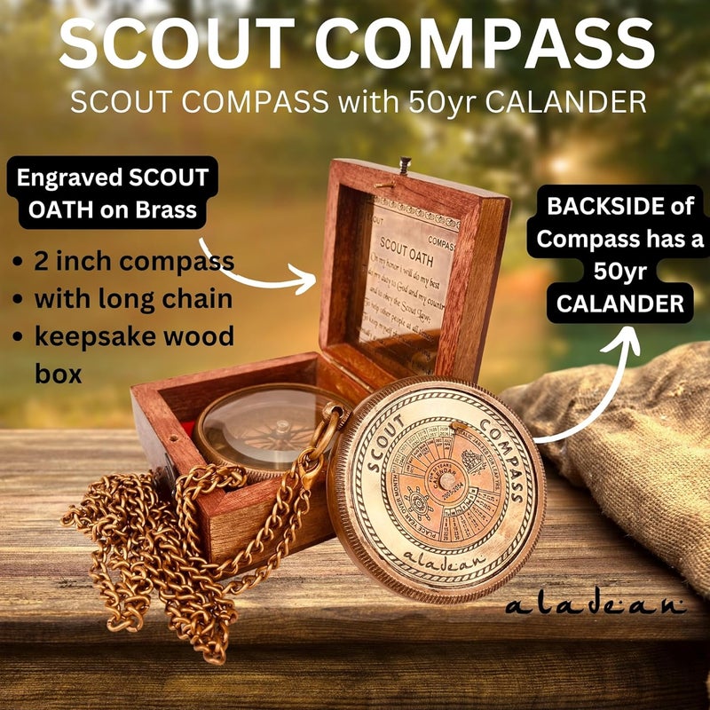 ALADEAN Scout Compass Gift Boys - Engraved Scout Oath Compass in wood Box Scout Always Prepared Camping Orienteering Compass, Hiking Backpacking Compass gift, 50 year calander - Image 2